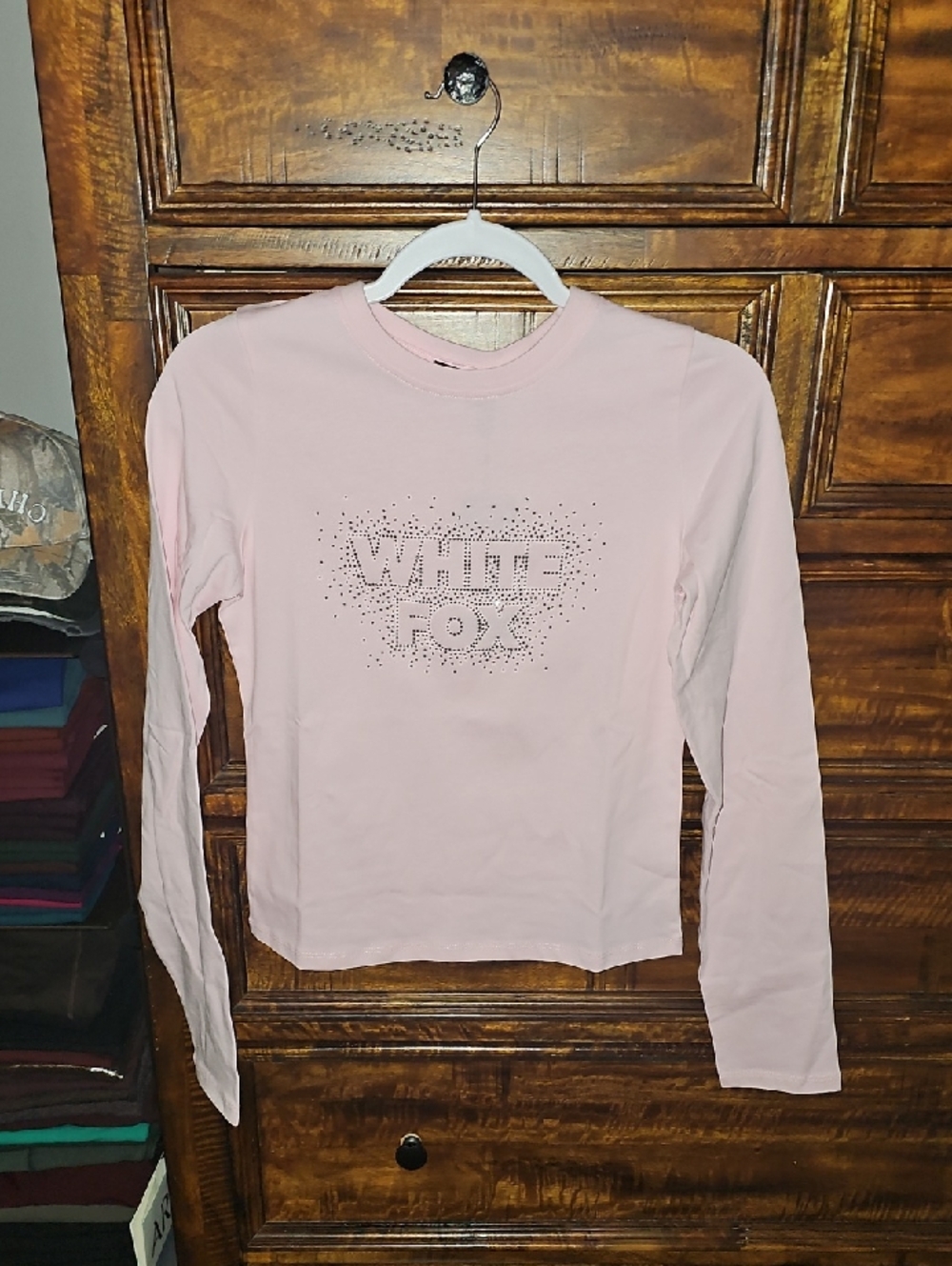 WHITEFOX-Lets Get Going Relaxed Long Sleeve Baby Tee, XS! Pink&Rihnestones! Nwts